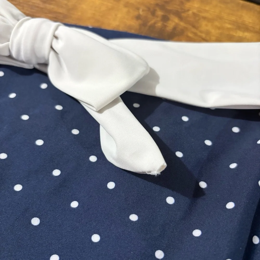 Unique Vintage Swim Navy Polka Dot with Back Bow High Waist Swim Bottoms Medium